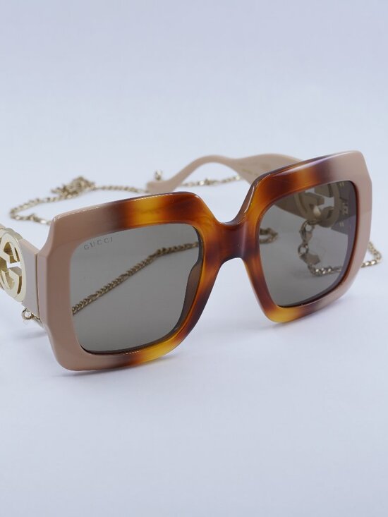 Gucci GG1022S 003 Square Sunglasses -Havana Gradient Ivory/Brown with Gold Chain main image 11